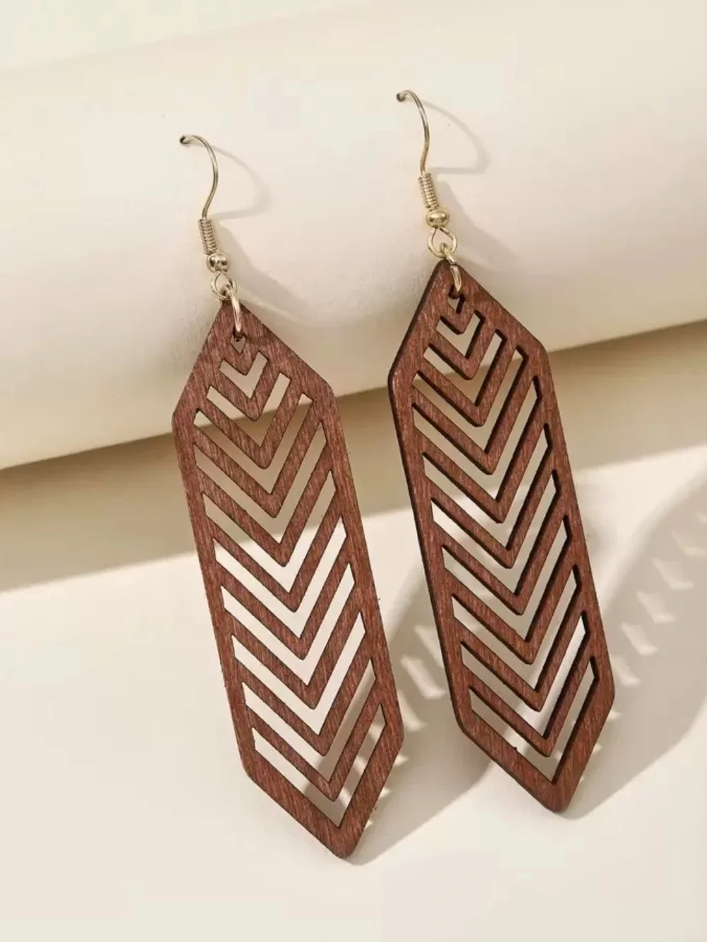 Brown Hollow Hexagon Striped Dangle Wooden Earrings, Minimalist & Casual